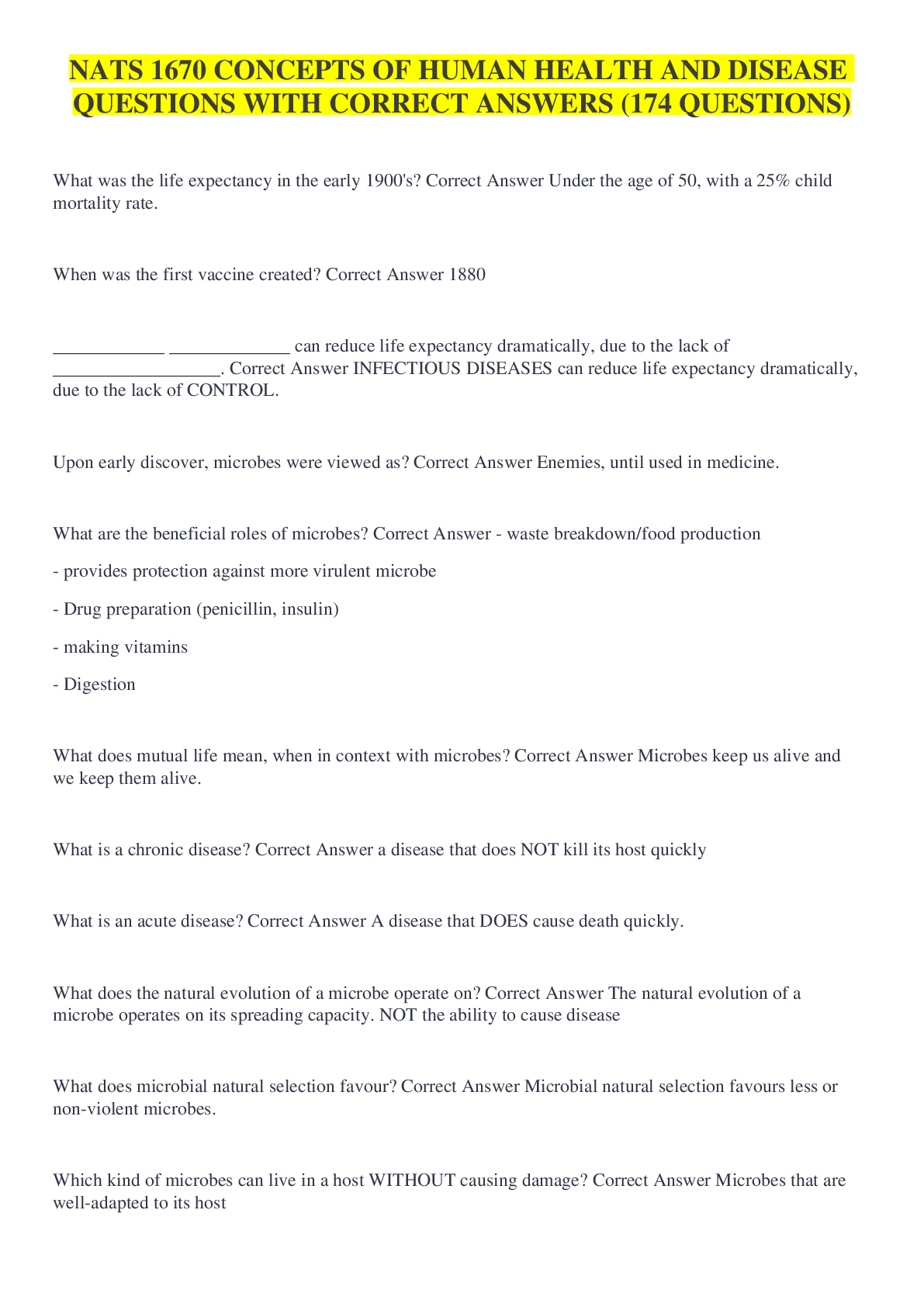 Preview of NATS 1670 CONCEPTS OF HUMAN HEALTH AND DISEASE QUESTIONS WITH CORRECT ANSWERS (174 QUESTIO